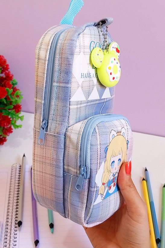 کوله جامدادی انیمه شاین دار جادار دو زیپ چهار خونه آویز دار